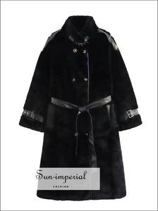 Women’s Winter Stand Collar Shaggy Faux Fur Long Sleeve Coat with Leather Buckle Detail With Sun-Imperial United States