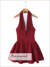 Dark Red Halter Mini Dress with Ruched Pleated Skirt dark red dress, halter mini lightweight polyester low waist party dress women