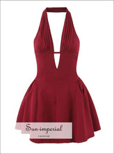 Dark Red Halter Mini Dress with Ruched Pleated Skirt dark red dress, halter mini lightweight polyester low waist party dress women