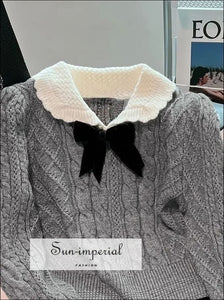 Women Gray with White Lace Peter Pan Collar and Bow Tie Knot Knit Sweater Long Sleeve Pullover With And Sun-Imperial United States