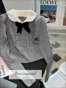 Women Gray with White Lace Peter Pan Collar and Bow Tie Knot Knit Sweater Long Sleeve Pullover With And Sun-Imperial United States