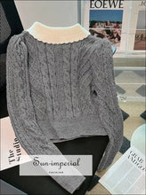 Women Gray with White Lace Peter Pan Collar and Bow Tie Knot Knit Sweater Long Sleeve Pullover With And Sun-Imperial United States