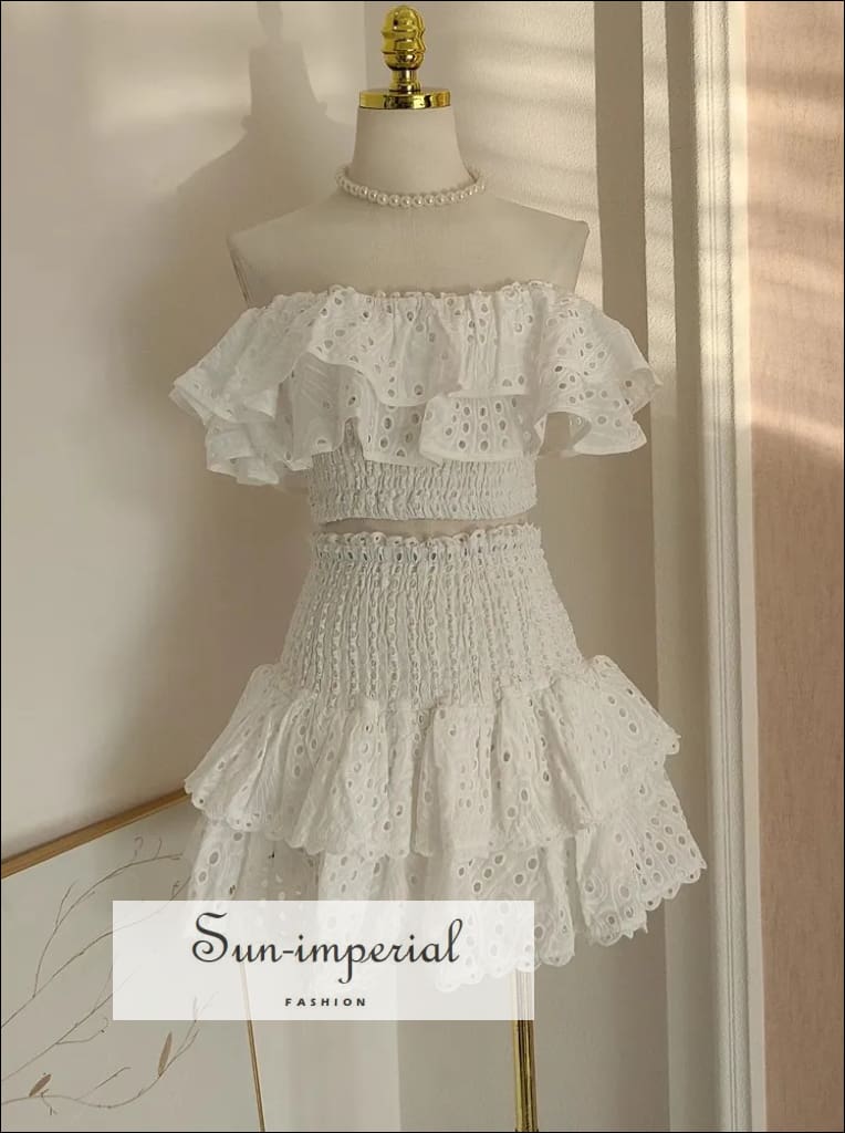 Embroidery Two Piece Skirt Set With Off Shoulder Crop Top And High Waist Ruffles Mini Sun-Imperial United States