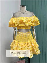 Embroidery Two Piece Skirt Set With Off Shoulder Crop Top And High Waist Ruffles Mini Sun-Imperial United States