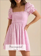 Eyelet Puff Sleeve Smocked Mini Dress Sun-Imperial United States