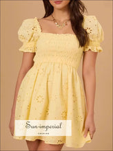Eyelet Puff Sleeve Smocked Mini Dress Sun-Imperial United States