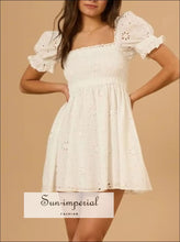 Eyelet Puff Sleeve Smocked Mini Dress Sun-Imperial United States