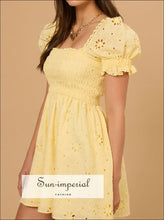 Eyelet Puff Sleeve Smocked Mini Dress Sun-Imperial United States