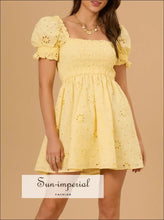 Eyelet Puff Sleeve Smocked Mini Dress Sun-Imperial United States