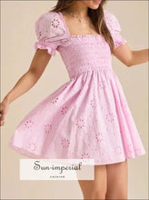 Eyelet Puff Sleeve Smocked Mini Dress Sun-Imperial United States