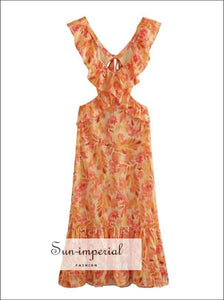Women’s Orange Floral Print Backless Vacation Midi Dress With Cut Out Waist And Ruffles Details Sun-Imperial United States