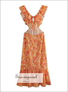 Women’s Orange Floral Print Backless Vacation Midi Dress With Cut Out Waist And Ruffles Details Sun-Imperial United States