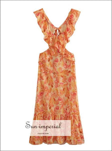 Sun-imperial - women's orange floral print backless vacation midi dress with cut out waist Sun-Imperial Sun-imperial - women's orange floral print backless vacation midi dress with cut out waist Sun-Imperial