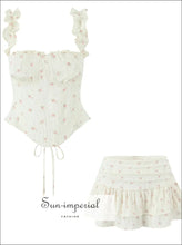 Floral Print Strap Tank Top Corset Tee and Ruched Mini Skirt Two-piece Set for Women casual two piece outfit, corset tank top women, cotton