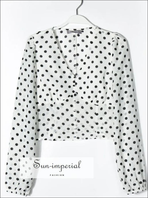 Women’s White Polka Dot Long Puff Sleeve Top with Center Buttons Detail Sun-Imperial United States