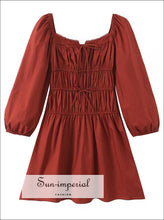 French-style Bow Square Neck Puff Sleeve Mini Dress a line mini dress, bow cotton blend feminine french style dress Sun-Imperial United