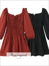 French-style Bow Square Neck Puff Sleeve Mini Dress a line mini dress, bow cotton blend feminine french style dress Sun-Imperial United