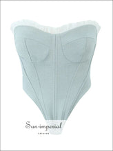 Gray and White Corset-style Strapless Crop Top bodycon top, boutique crop contrast panel corset fitted top Sun-Imperial United States