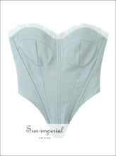 Gray and White Corset-style Strapless Crop Top bodycon top, boutique crop contrast panel corset fitted top Sun-Imperial United States