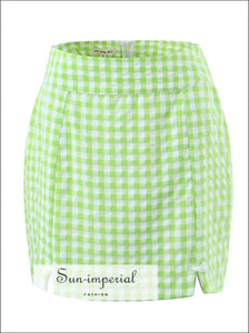 Women’s Green Plaid Twin Piece Skirt Set With Cropped Short Puff Sleeve Underwire Top And Pencil Mini Sun-Imperial United States