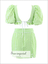 Women’s Green Plaid Twin Piece Skirt Set With Cropped Short Puff Sleeve Underwire Top And Pencil Mini Sun-Imperial United States
