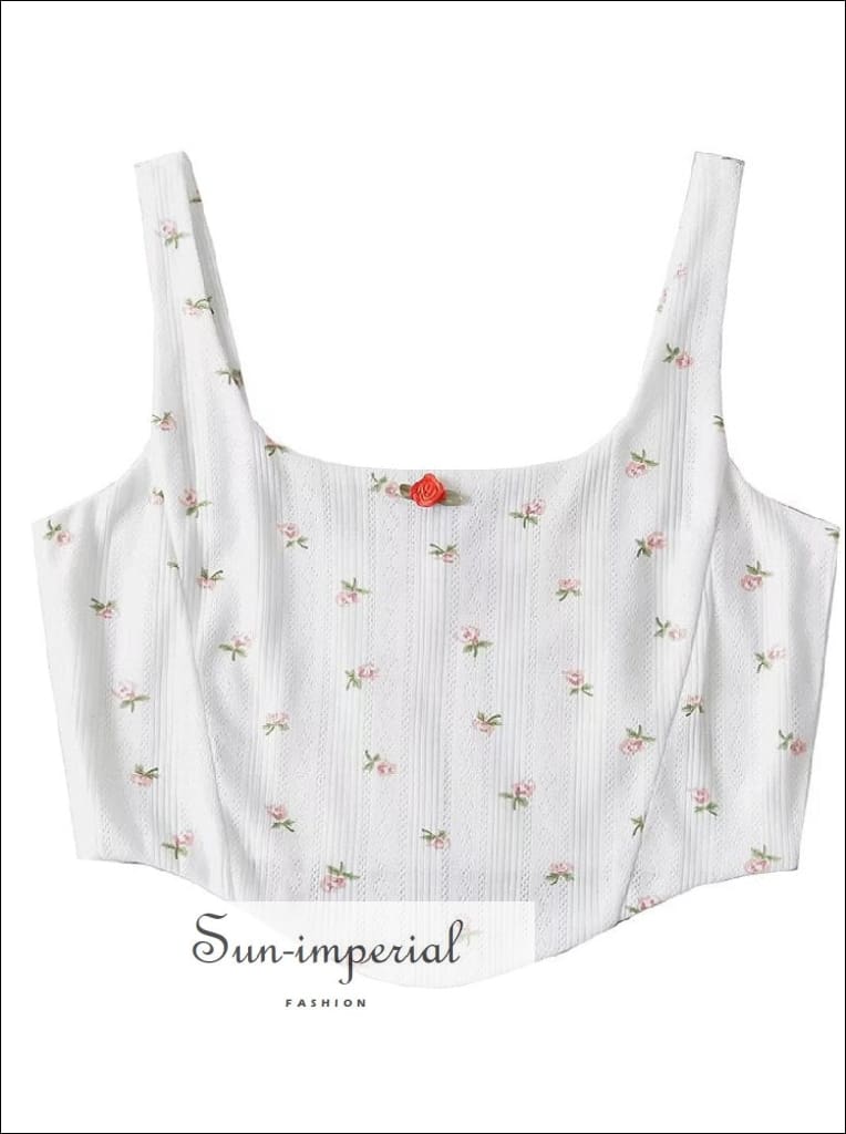 Women’s White Floral Cropped Square Neck Camisole Tank Top neck Sun-Imperial United States