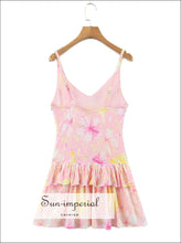 Women’s Sleeveless v Neck Pink Floral Print Mini Dress With Ruffles Hem Detail V neck Sun-Imperial United States