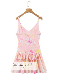 Women’s Sleeveless v Neck Pink Floral Print Mini Dress With Ruffles Hem Detail V neck Sun-Imperial United States