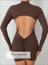 Hollowed-out Back Half-zipper Yoga Onesie – Women’s Backless One-piece Fitness Suit backless yoga onesie, fitness bodysuit women, gym