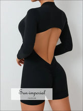 Hollowed-out Back Half-zipper Yoga Onesie – Women’s Backless One-piece Fitness Suit backless yoga onesie, fitness bodysuit women, gym