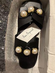 Black Double Band Pearl Flats Sandals Casual Beach Slide Flip Flops Slippers