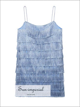 Light Blue Tassel Fringe Mini Dress beach dress, fringe layered light blue mini dress Sun-Imperial United States