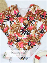 Women’s One-piece Surf Swimsuit – White Floral Long Sleeve Deep v one Piece active swimwear women, backless swimsuit beach swim suit long