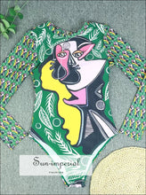 Women’s One-piece Surf Swimsuit – White Floral Long Sleeve Deep v one Piece active swimwear women, backless swimsuit beach swim suit long