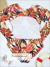 Women’s One-piece Surf Swimsuit – White Floral Long Sleeve Deep v one Piece active swimwear women, backless swimsuit beach swim suit long