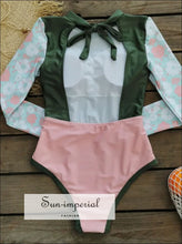 Women’s One-piece Surf Swimsuit – White Floral Long Sleeve Deep v one Piece active swimwear women, backless swimsuit beach swim suit long