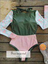 Women’s One-piece Surf Swimsuit – White Floral Long Sleeve Deep v one Piece active swimwear women, backless swimsuit beach swim suit long