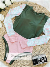 Women’s One-piece Surf Swimsuit – White Floral Long Sleeve Deep v one Piece active swimwear women, backless swimsuit beach swim suit long