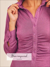 Front Ruched Button-down Skinny Mini Shirt Dress Button-Down Dress, Ship from USA Sun-Imperial United States