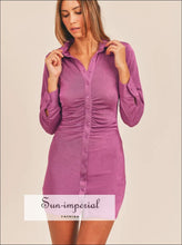 Front Ruched Button-down Skinny Mini Shirt Dress Button-Down Dress, Ship from USA Sun-Imperial United States