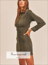 Olive Green Front Ruched Button-down Skinny Mini Shirt Dress Ship from USA Sun-Imperial United States