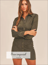 Olive Green Front Ruched Button-down Skinny Mini Shirt Dress Ship from USA Sun-Imperial United States