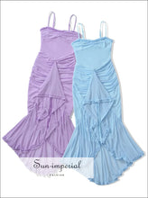 Mesh Sling Mini Dress with Ruffle Hem and Ruched Waist evening mini dress, mesh party dress women, ruched waist ruffle hem Sun-Imperial