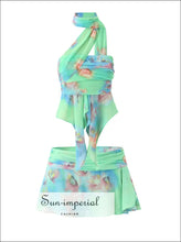 Mint Green Tie-dye Halter Top and Ruched Mini Skirt Two-piece Set chiffon two piece, coordinated set women, feminine piece set, halter top