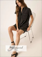 Button Detail Collared Neck Short Sleeve Shirt Dress Dress, Ship from USA Sun-Imperial United States