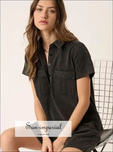 Button Detail Collared Neck Short Sleeve Shirt Dress Dress, Ship from USA Sun-Imperial United States