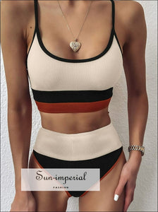 Vintage Ribbed Tank Top Striped Wire Free Bikini Set High Waist Swimsuit top Sun-Imperial United States