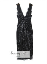 Elegant Black Eyelash Lace Sequin Maxi Dress – Slim Waist back slit dress, black maxi deep v evening formal dress Sun-Imperial United States