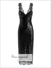 Elegant Black Eyelash Lace Sequin Maxi Dress – Slim Waist back slit dress, black maxi deep v evening formal dress Sun-Imperial United States