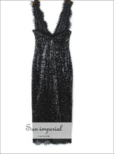 Elegant Black Eyelash Lace Sequin Maxi Dress – Slim Waist back slit dress, black maxi deep v evening formal dress Sun-Imperial United States